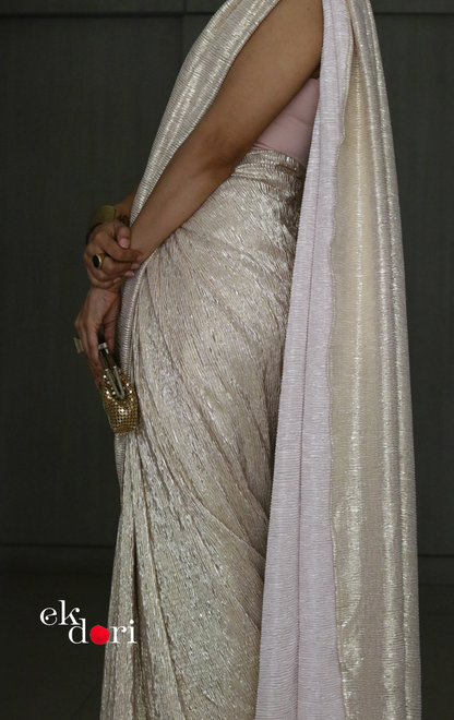 Golden Pink Evening Cocktail Saree 'Gold Garden' : Micro Pleated Designer Gold Saree : Metallic Gold Cocktail Saree