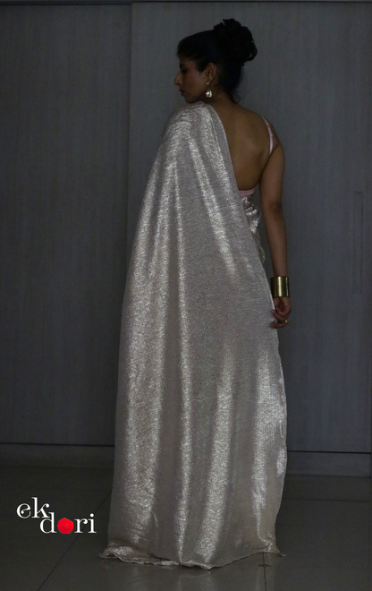 Golden Pink Evening Cocktail Saree 'Gold Garden' : Micro Pleated Designer Gold Saree : Metallic Gold Cocktail Saree