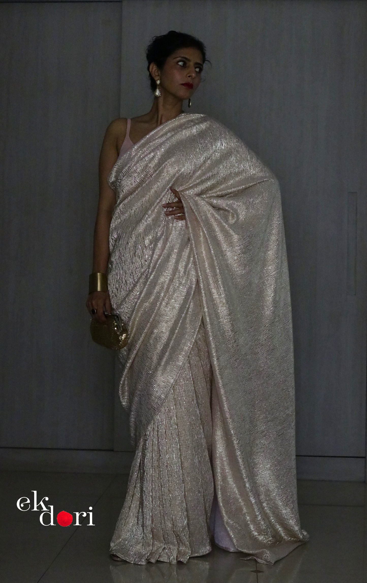 Golden Pink Evening Cocktail Saree 'Gold Garden' : Micro Pleated Designer Gold Saree : Metallic Gold Cocktail Saree
