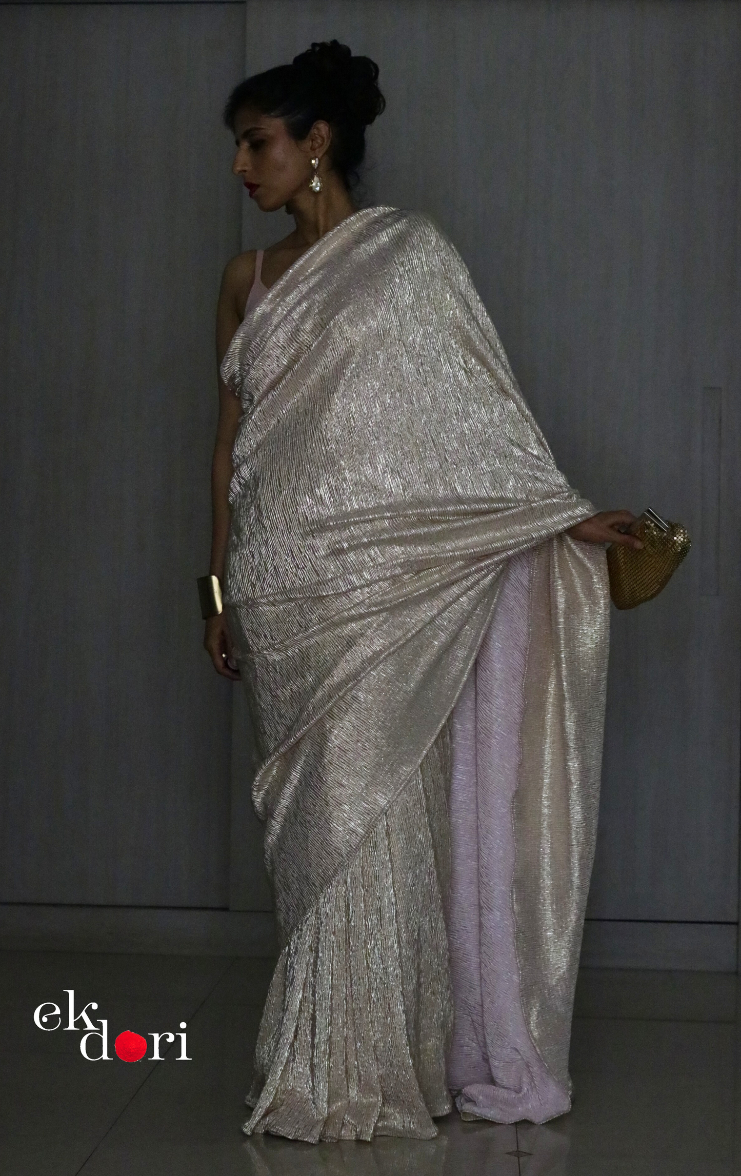 Golden Pink Evening Cocktail Saree 'Gold Garden' : Micro Pleated Designer Gold Saree : Metallic Gold Cocktail Saree
