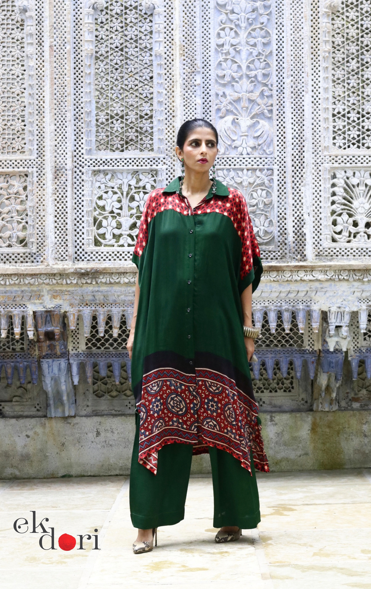 Ajrakh Modal Kaftan Kurta Palazzo Co-ord Set in Forest Green &amp; Red | 'Jungle Darbar' | Ek Dori