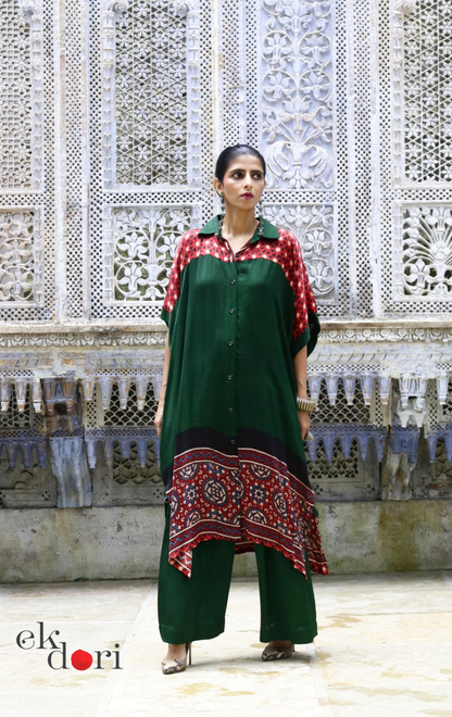 Ajrakh Modal Kaftan Kurta Palazzo Co-ord Set in Forest Green &amp; Red | 'Jungle Darbar' | Ek Dori