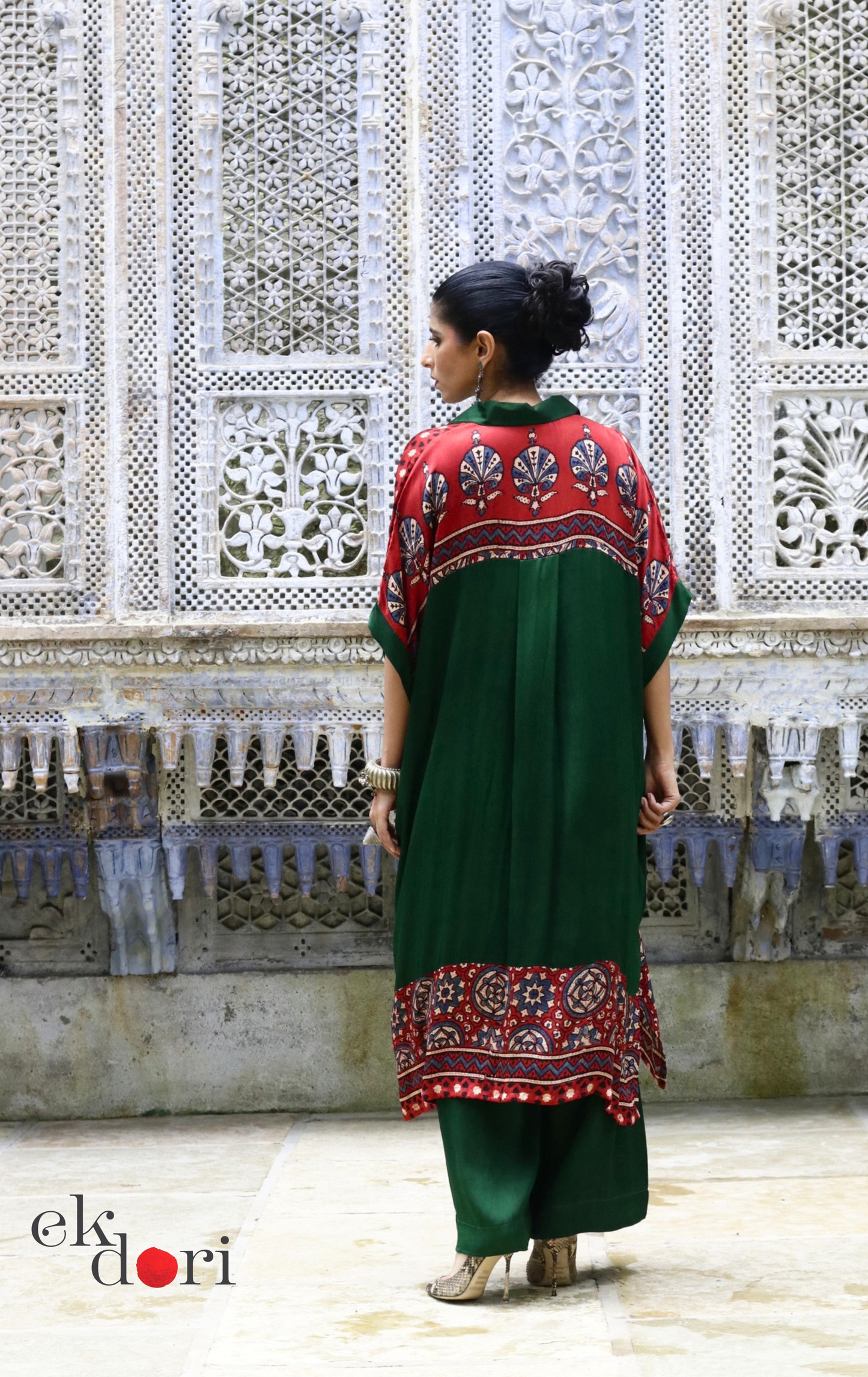 Ajrakh Modal Kaftan Kurta Palazzo Co-ord Set in Forest Green &amp; Red | 'Jungle Darbar' | Ek Dori