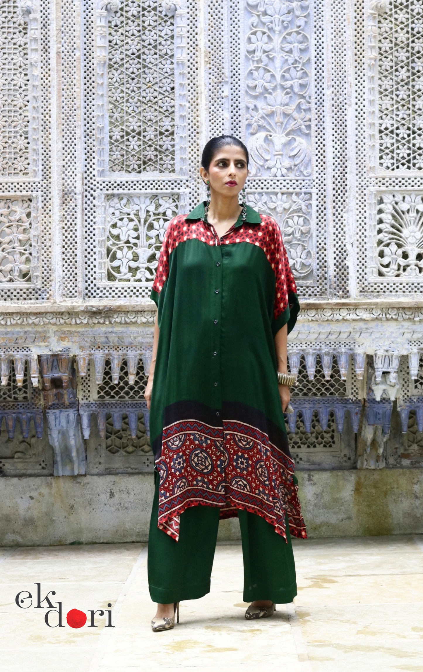 Ajrakh Modal Kaftan Kurta Palazzo Co-ord Set in Forest Green &amp; Red | 'Jungle Darbar' | Ek Dori