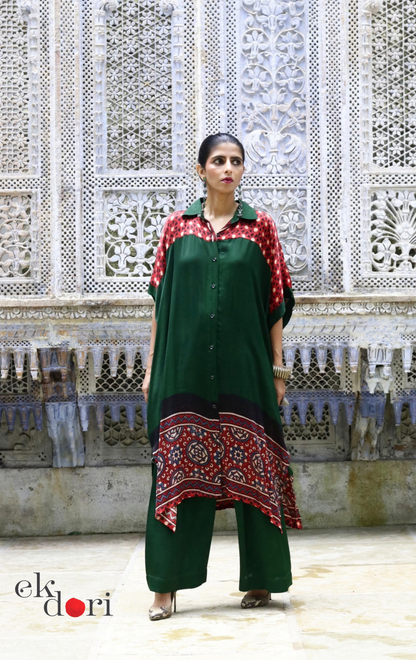 Ajrakh Modal Kaftan Kurta Palazzo Co-ord Set in Forest Green &amp; Red | 'Jungle Darbar' | Ek Dori