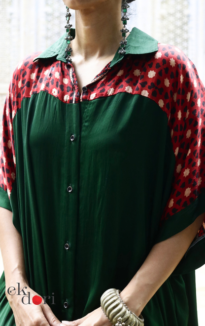 Ajrakh Modal Kaftan Kurta Palazzo Co-ord Set in Forest Green &amp; Red | 'Jungle Darbar' | Ek Dori
