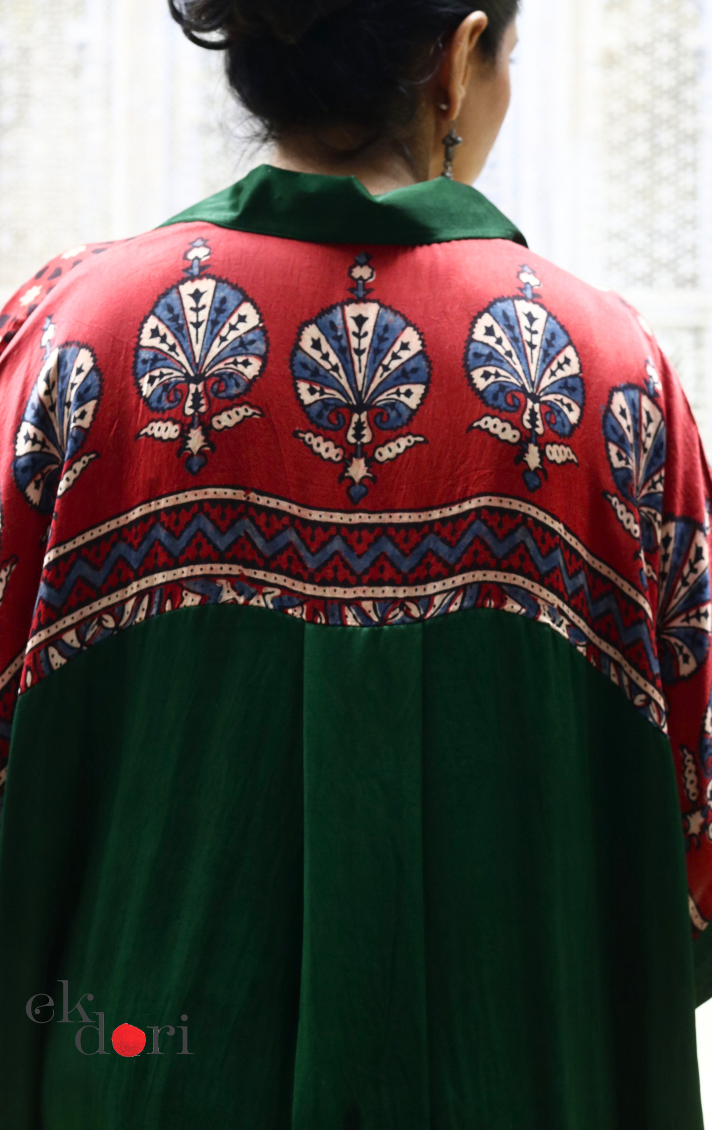 Ajrakh Modal Kaftan Kurta Palazzo Co-ord Set in Forest Green &amp; Red | 'Jungle Darbar' | Ek Dori