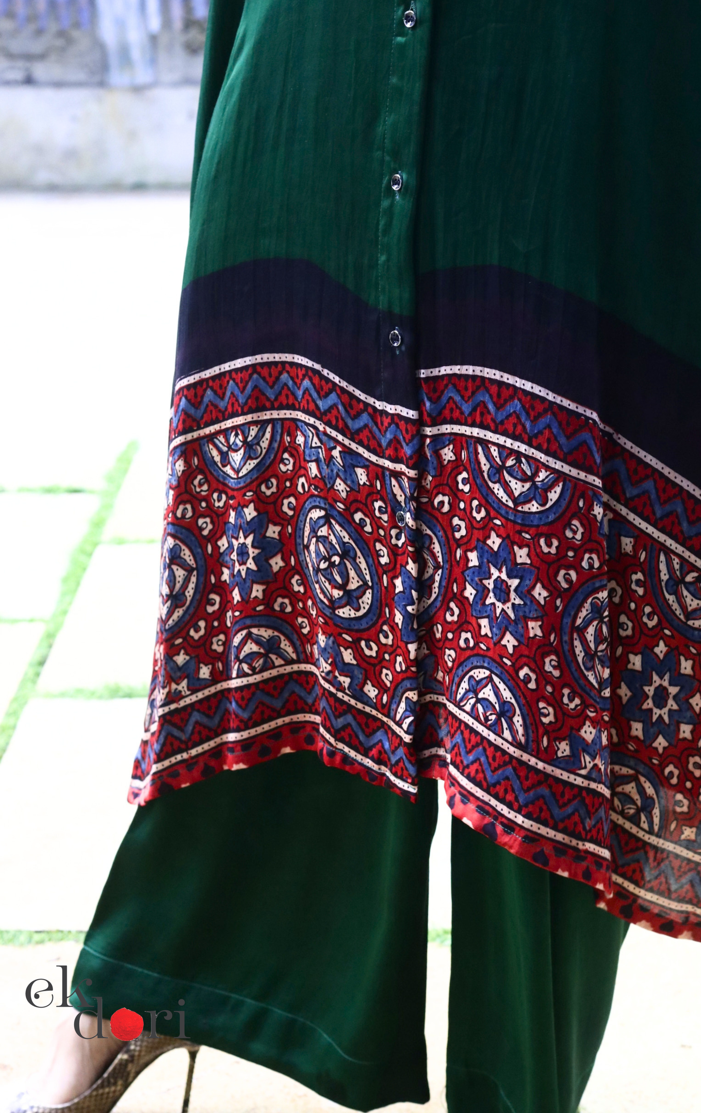 Ajrakh Modal Kaftan Kurta Palazzo Co-ord Set in Forest Green &amp; Red | 'Jungle Darbar' | Ek Dori