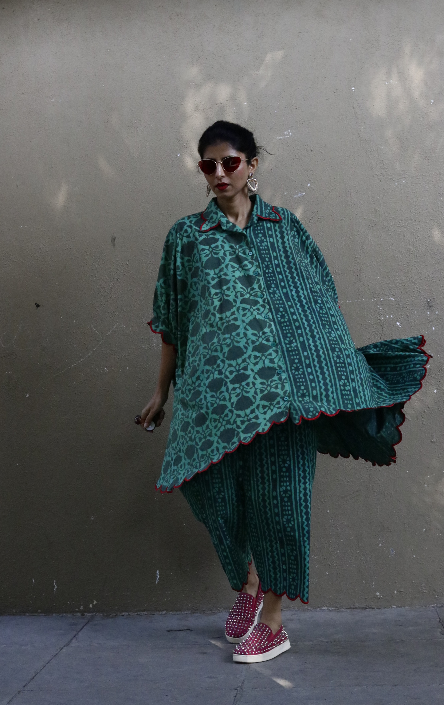 Dabu Print 'Green Goddess' Cotton Co-ord Set : Buy Kurta Palazzo Cotton Co-ord Set With Scalloped Edges