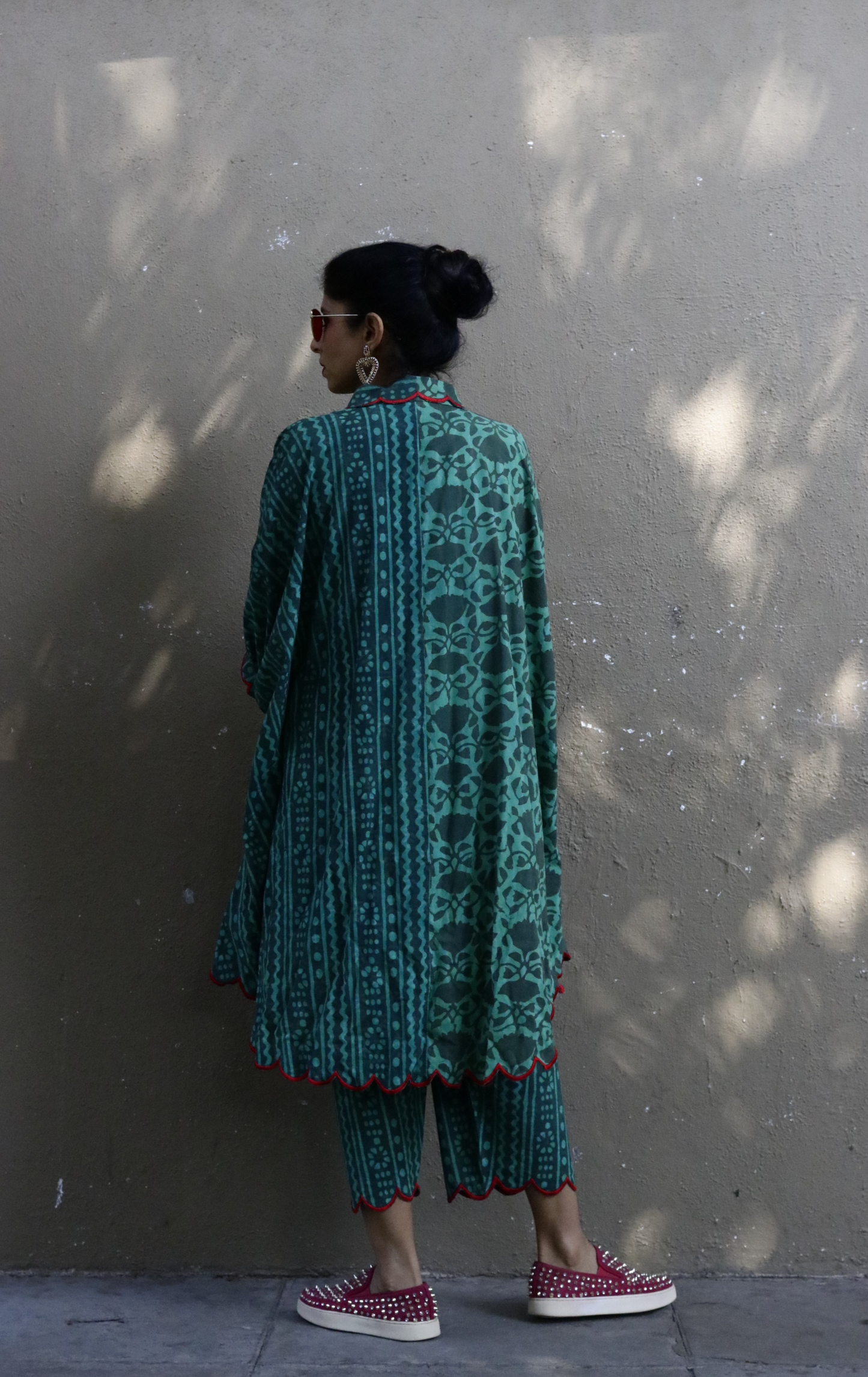 Dabu Print 'Green Goddess' Cotton Co-ord Set : Buy Kurta Palazzo Cotton Co-ord Set With Scalloped Edges