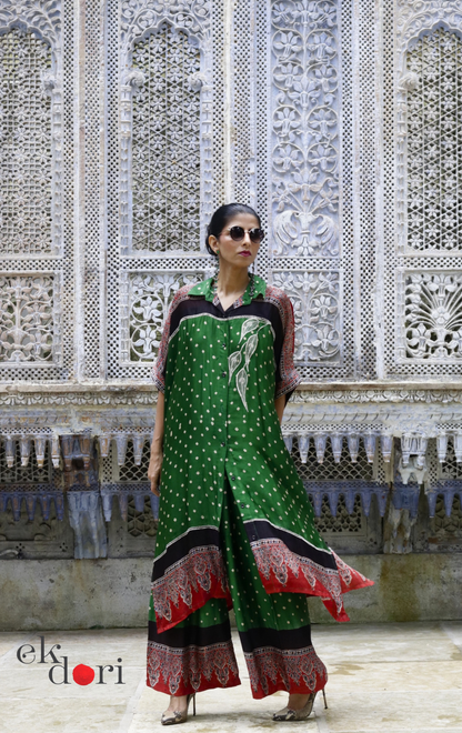 Bandhani Ajrakh Modal Kaftan Kurta Palazzo Co-ord Set in Green | 'Emerald Darbar' | Ek Dori
