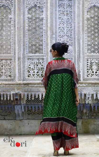 Bandhani Ajrakh Modal Kaftan Kurta Palazzo Co-ord Set in Green | 'Emerald Darbar' | Ek Dori