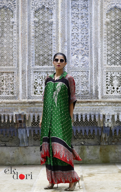 Bandhani Ajrakh Modal Kaftan Kurta Palazzo Co-ord Set in Green | 'Emerald Darbar' | Ek Dori