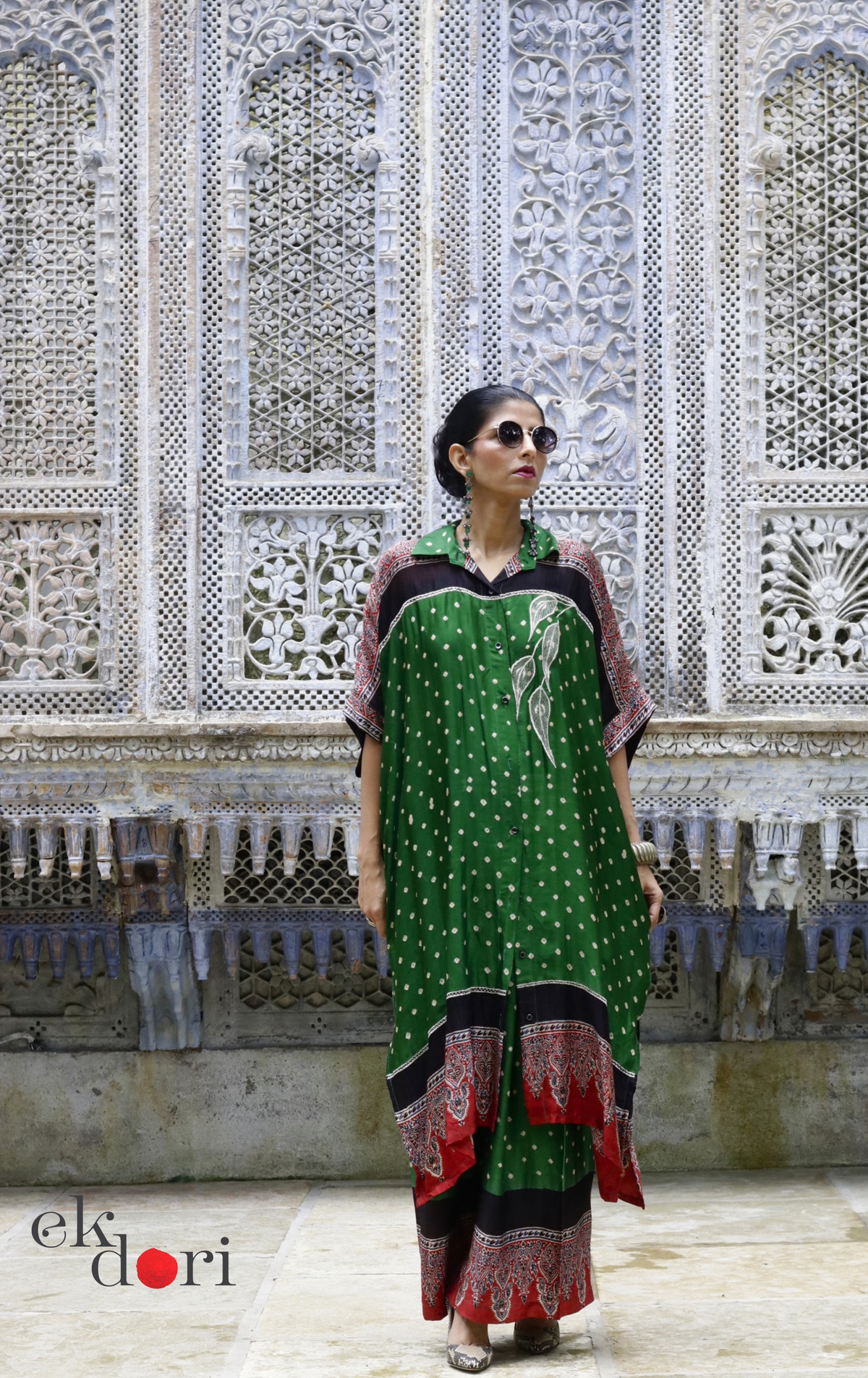 Bandhani Ajrakh Modal Kaftan Kurta Palazzo Co-ord Set in Green | 'Emerald Darbar' | Ek Dori