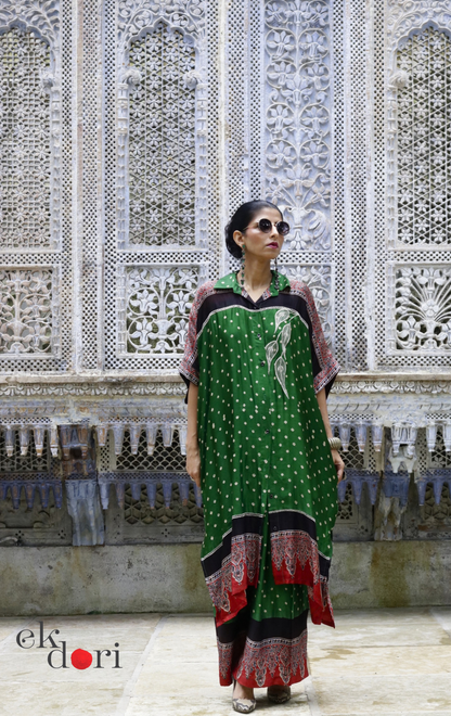 Bandhani Ajrakh Modal Kaftan Kurta Palazzo Co-ord Set in Green | 'Emerald Darbar' | Ek Dori