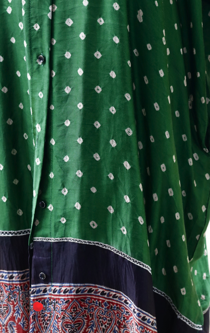 Bandhani Ajrakh Modal Kaftan Kurta Palazzo Co-ord Set in Green | 'Emerald Darbar' | Ek Dori