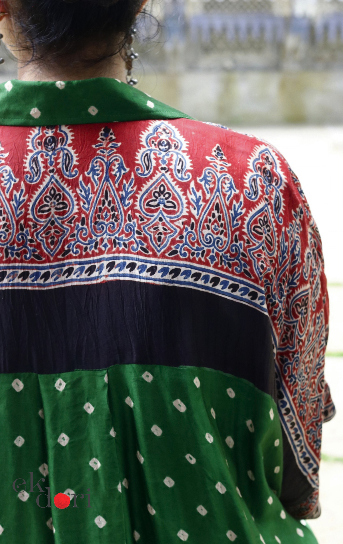 Bandhani Ajrakh Modal Kaftan Kurta Palazzo Co-ord Set in Green | 'Emerald Darbar' | Ek Dori