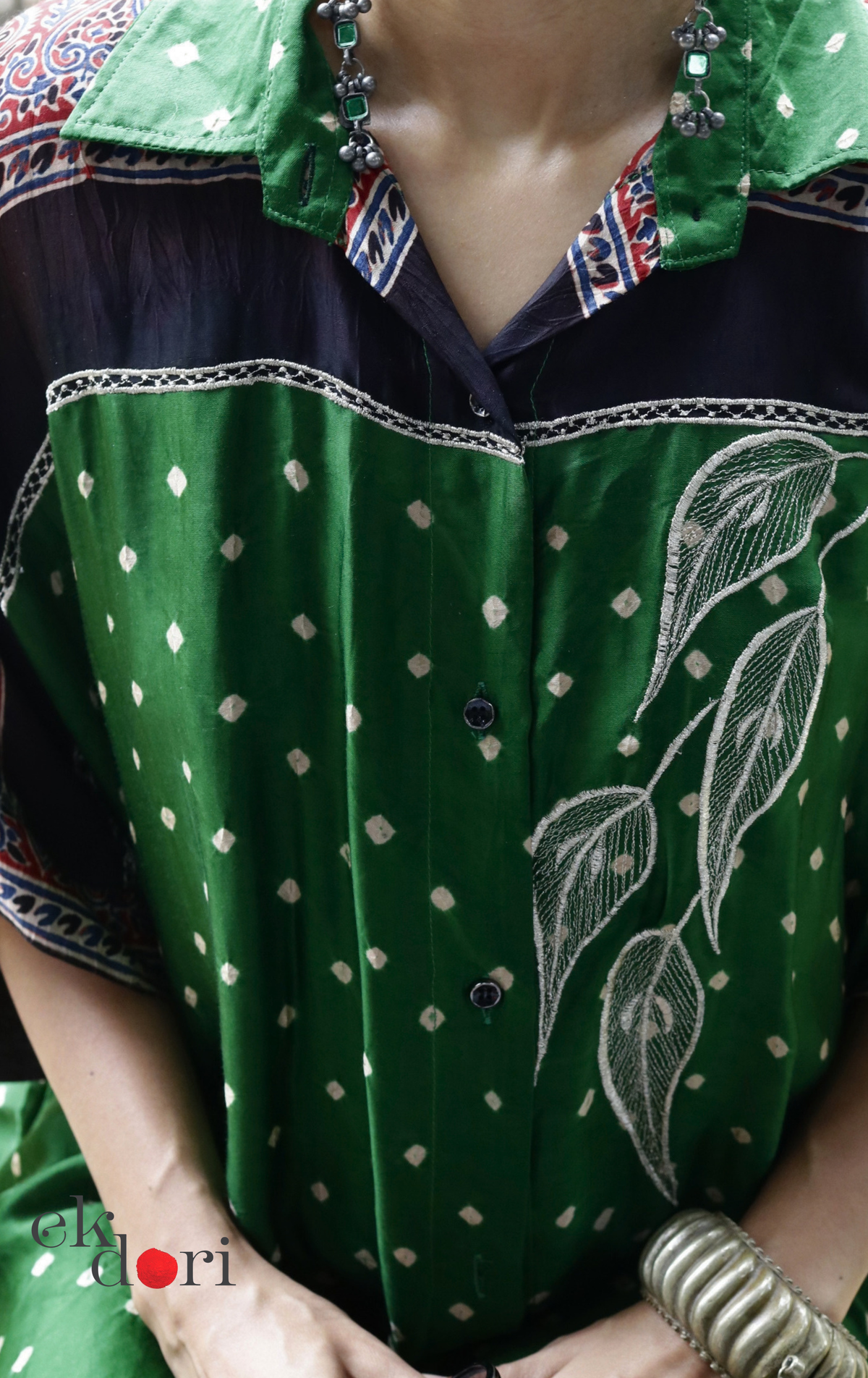 Bandhani Ajrakh Modal Kaftan Kurta Palazzo Co-ord Set in Green | 'Emerald Darbar' | Ek Dori