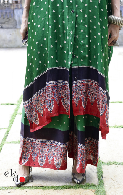 Bandhani Ajrakh Modal Kaftan Kurta Palazzo Co-ord Set in Green | 'Emerald Darbar' | Ek Dori