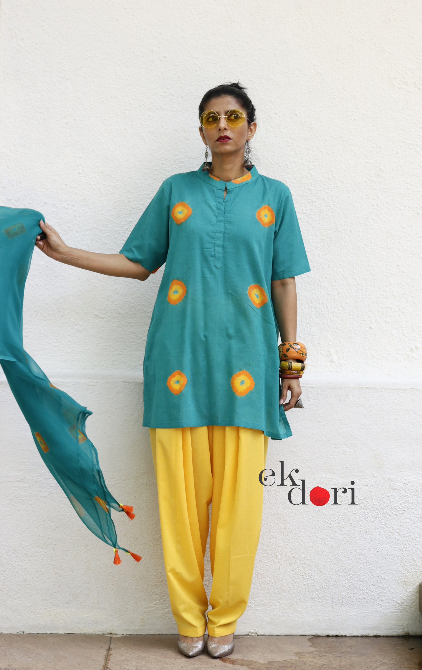 Bandhani Cotton Kurta Salwar Co-ord Set in Teal & Yellow | 'Saavan' | Ek Dori