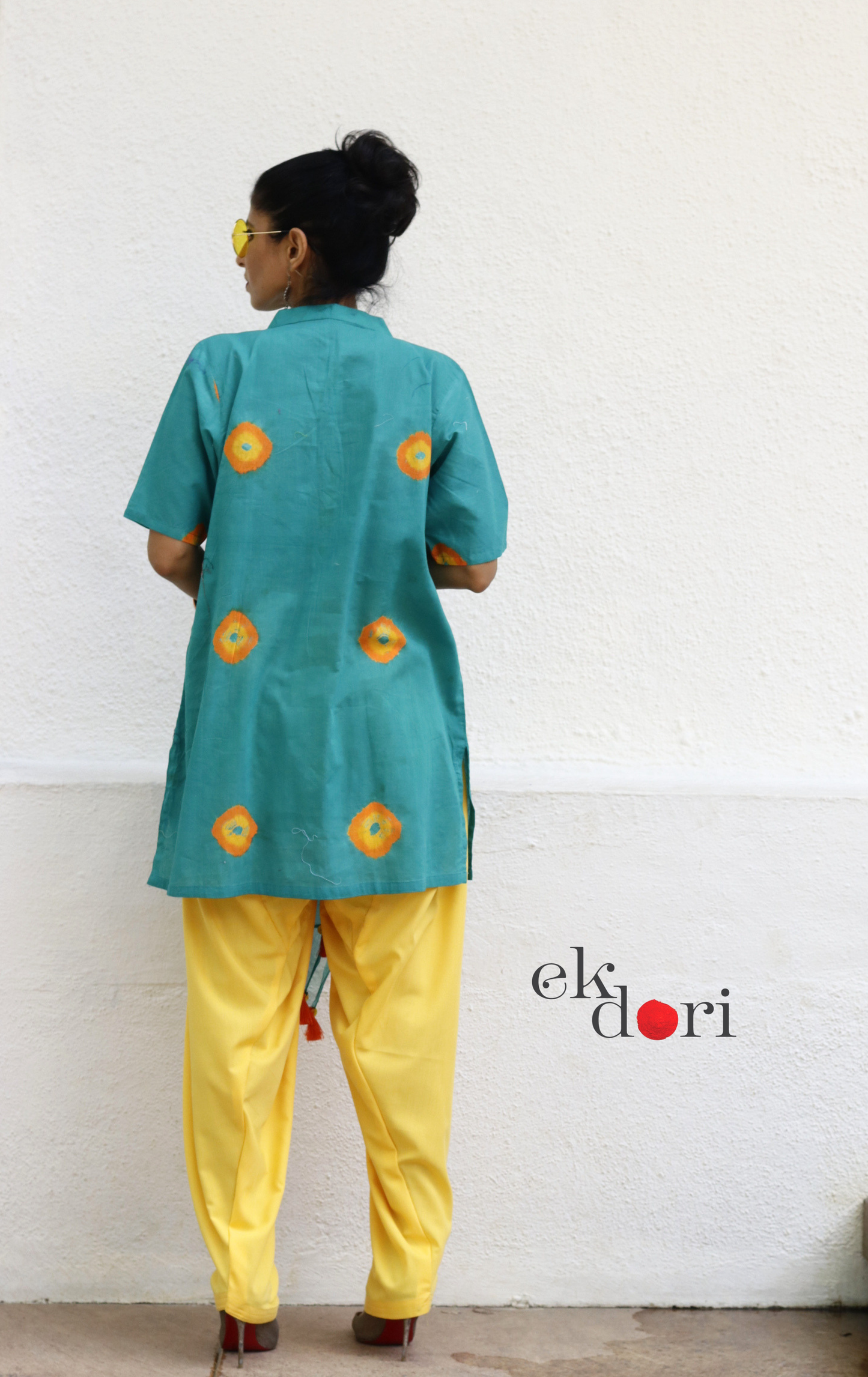 Bandhani Cotton Kurta Salwar Co-ord Set in Teal & Yellow | 'Saavan' | Ek Dori