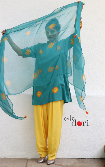 Bandhani Cotton Kurta Salwar Co-ord Set in Teal & Yellow | 'Saavan' | Ek Dori
