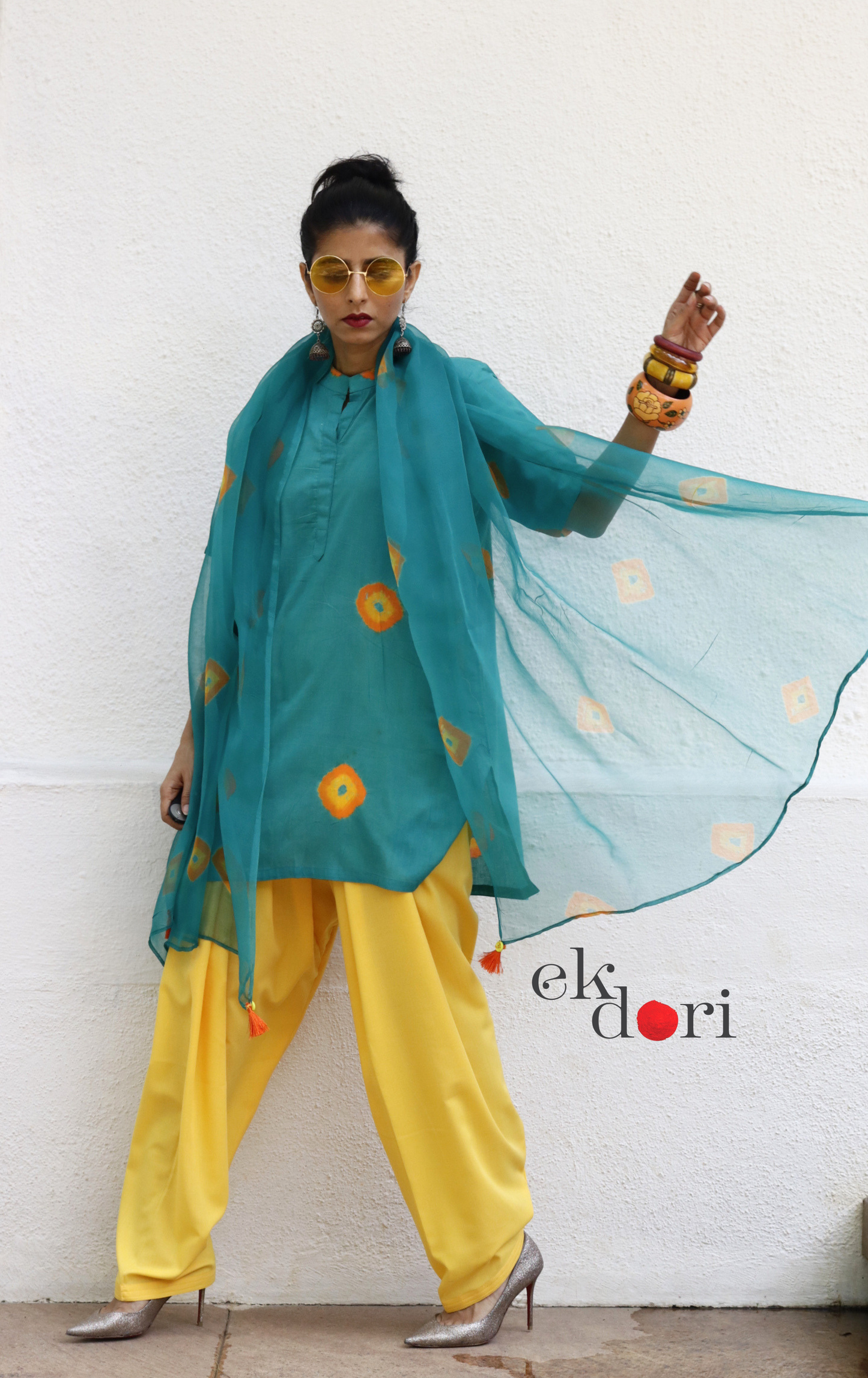 Bandhani Cotton Kurta Salwar Co-ord Set in Teal & Yellow | 'Saavan' | Ek Dori