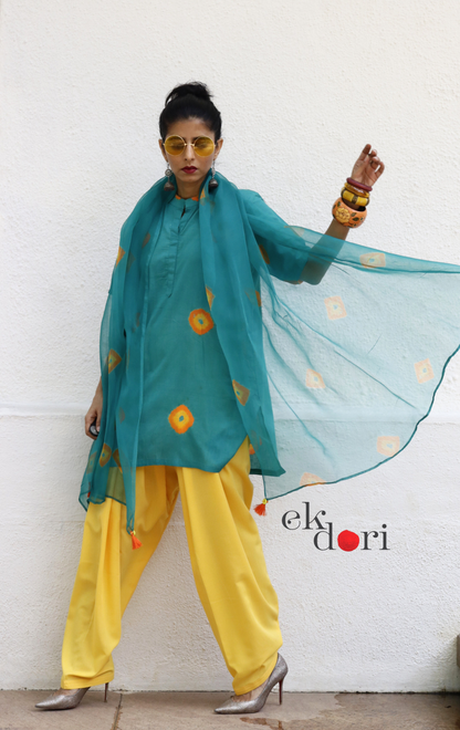 Bandhani Cotton Kurta Salwar Co-ord Set in Teal & Yellow | 'Saavan' | Ek Dori
