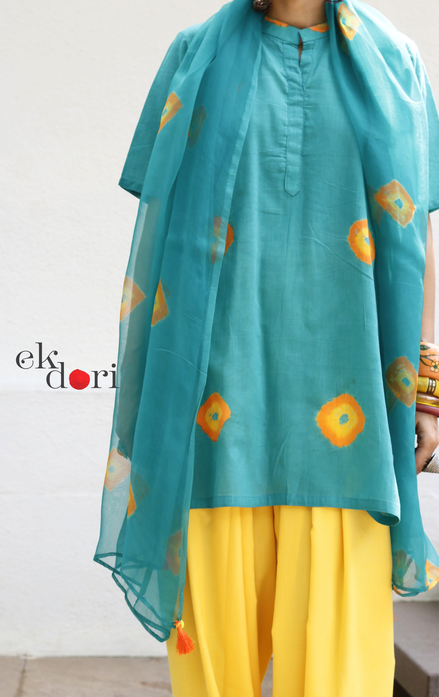 Bandhani Cotton Kurta Salwar Co-ord Set in Teal & Yellow | 'Saavan' | Ek Dori