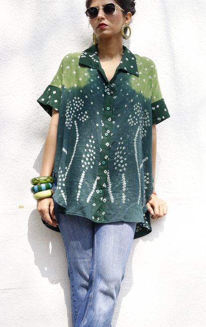 Bandhani 'Flower Garden' Cotton Shirt : Buy Bandhani Green Cotton Shirt