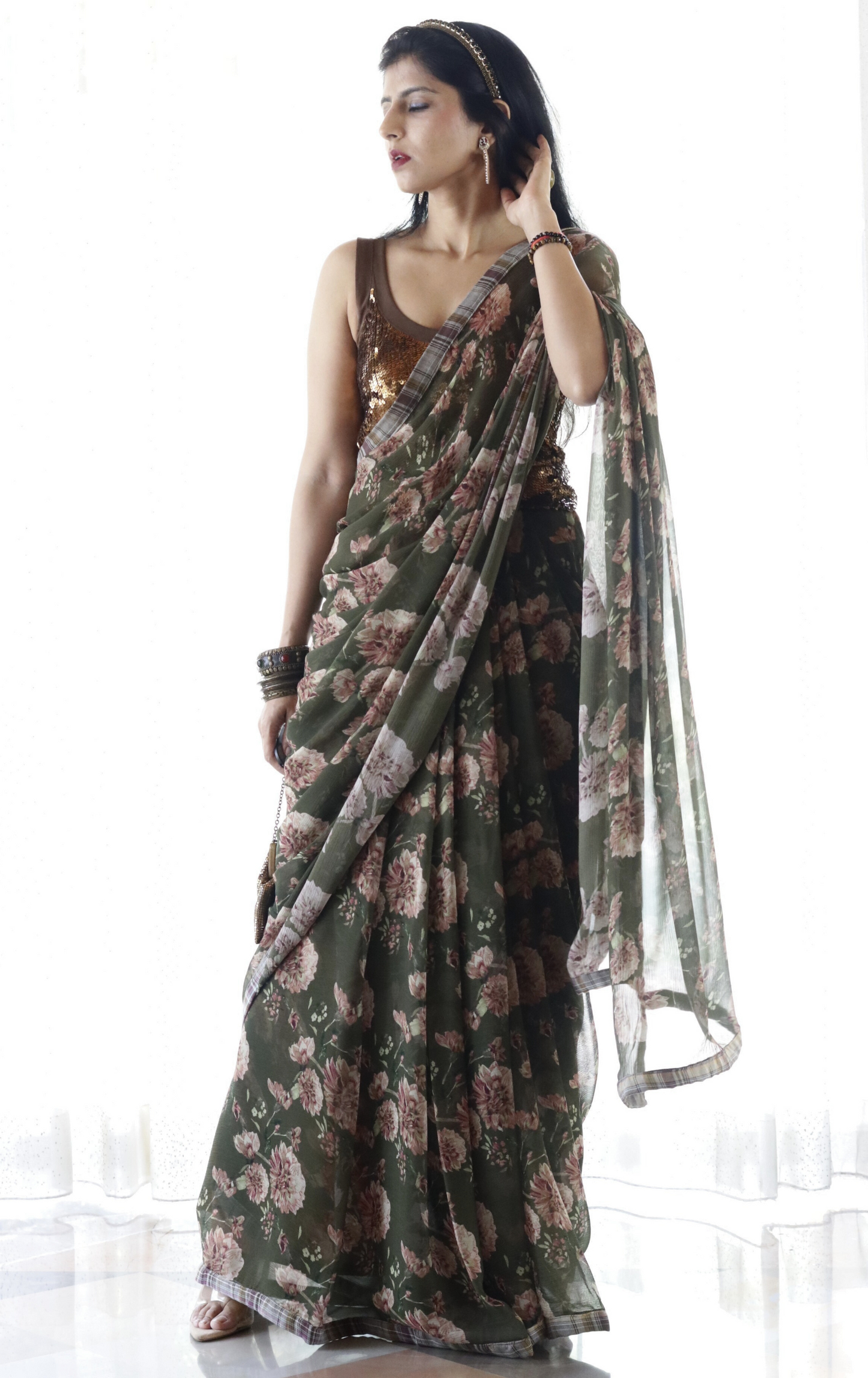 Buy Floral Chiffon Saree Online : 'Forest Floor' Floral Chiffon Saree With Cotton Border