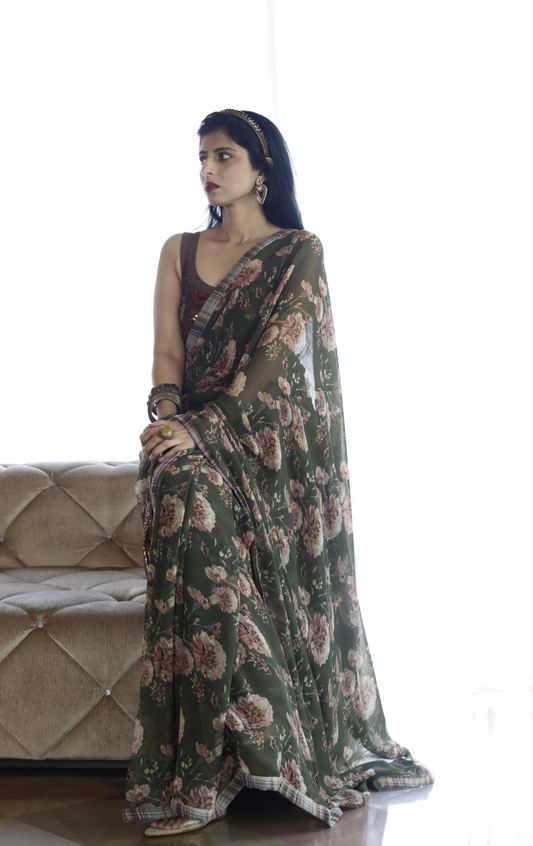 Buy Floral Chiffon Saree Online : 'Forest Floor' Floral Chiffon Saree With Cotton Border