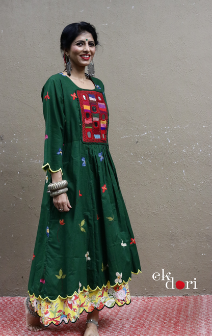 Cotton Dress With Mirror Hand Embroiderey & Scalloped Edges : 'Emerald & Sapphire' Cotton Summer Dress