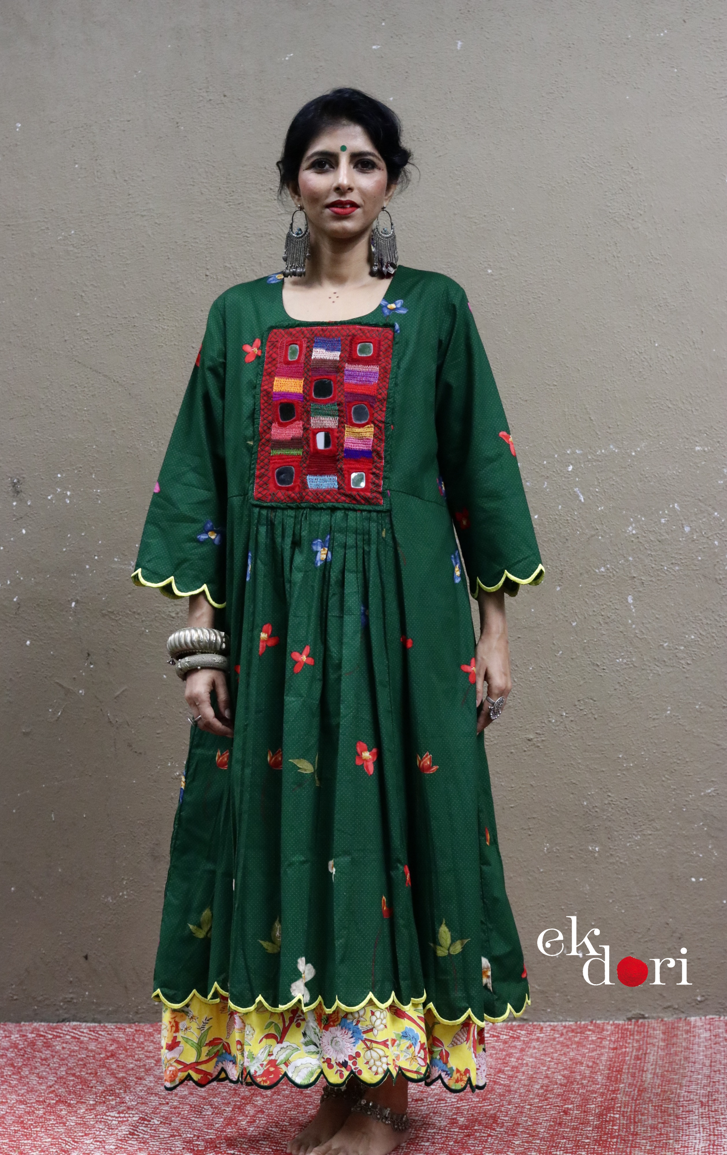 Cotton Dress With Mirror Hand Embroiderey & Scalloped Edges : 'Emerald & Sapphire' Cotton Summer Dress