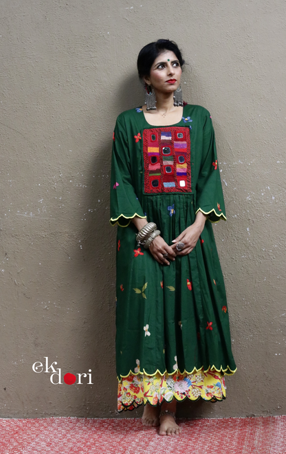 Cotton Dress With Mirror Hand Embroiderey & Scalloped Edges : 'Emerald & Sapphire' Cotton Summer Dress