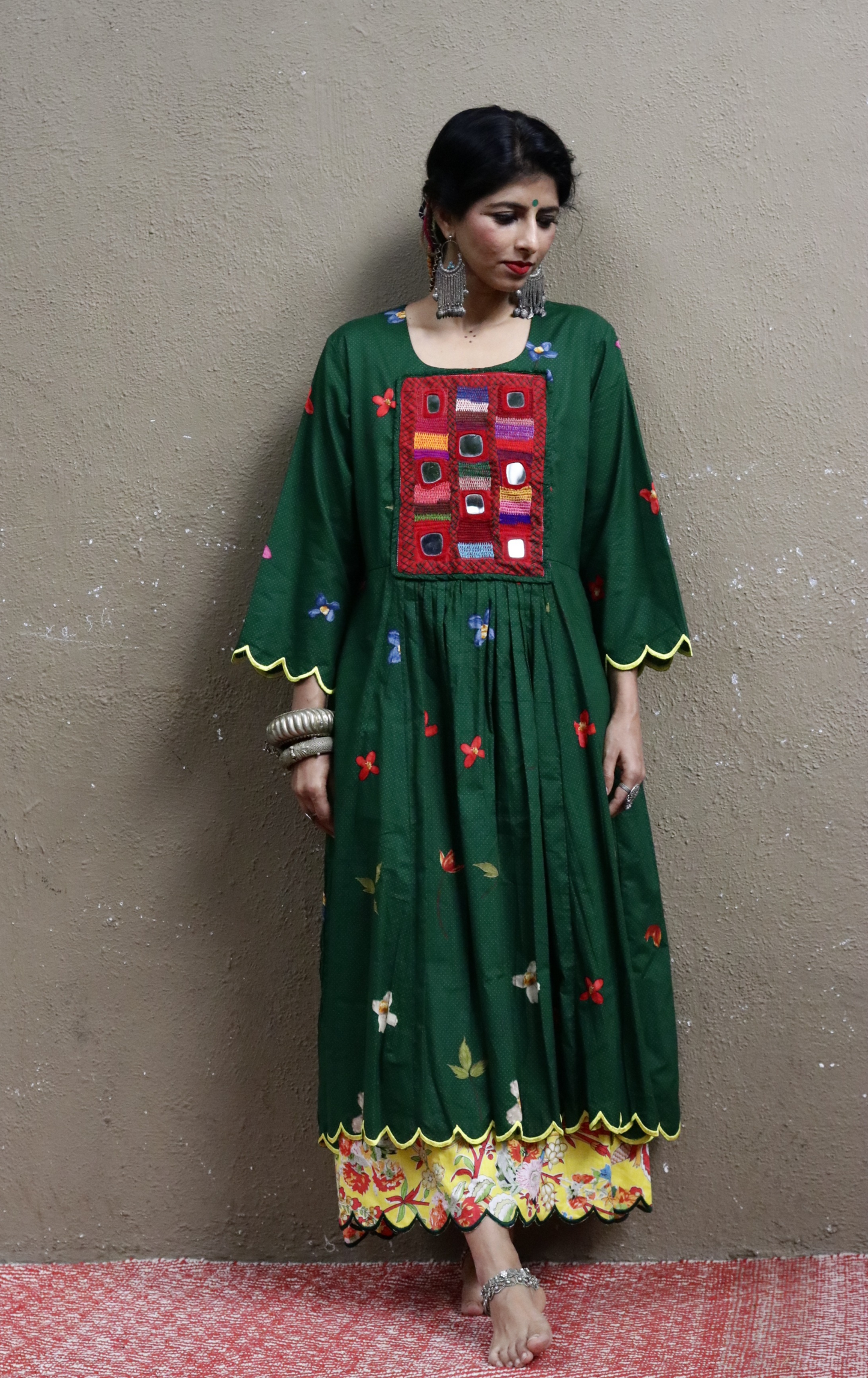 Cotton Dress With Mirror Hand Embroiderey & Scalloped Edges : 'Emerald & Sapphire' Cotton Summer Dress