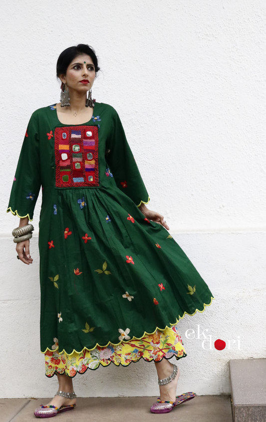 Cotton Dress With Mirror Hand Embroiderey & Scalloped Edges : 'Emerald & Sapphire' Cotton Summer Dress