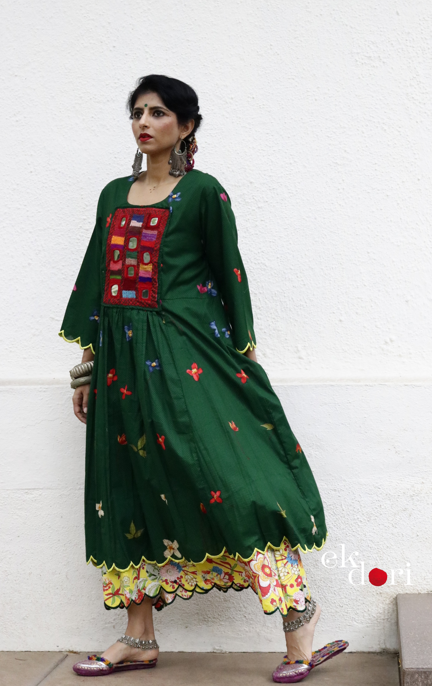Cotton Dress With Mirror Hand Embroiderey & Scalloped Edges : 'Emerald & Sapphire' Cotton Summer Dress