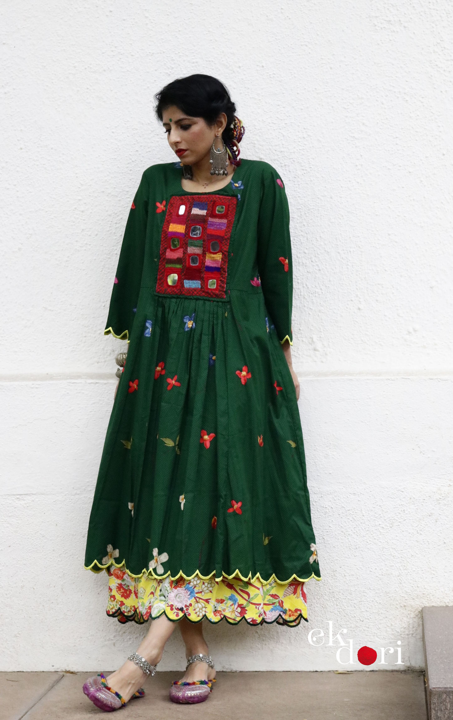 Cotton Dress With Mirror Hand Embroiderey & Scalloped Edges : 'Emerald & Sapphire' Cotton Summer Dress