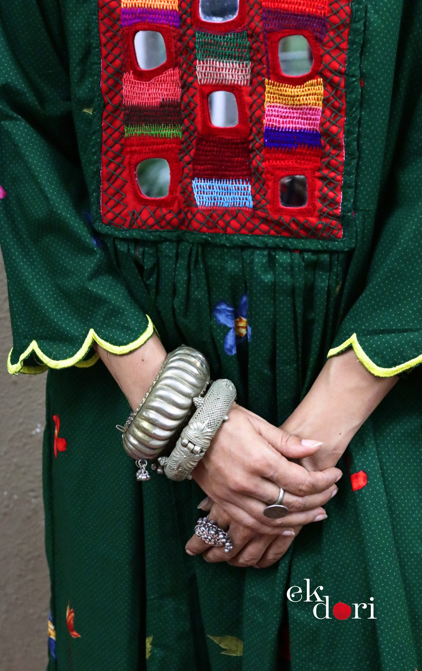 Cotton Dress With Mirror Hand Embroiderey & Scalloped Edges : 'Emerald & Sapphire' Cotton Summer Dress