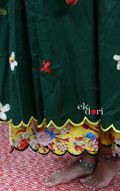 Cotton Dress With Mirror Hand Embroiderey & Scalloped Edges : 'Emerald & Sapphire' Cotton Summer Dress