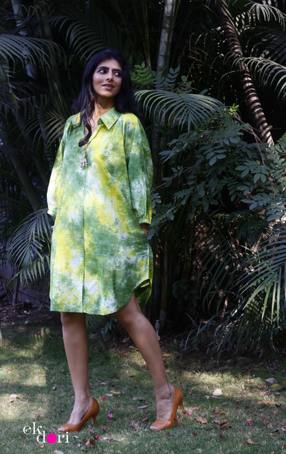 'Holy Greens' Chanderi Cotton Shirt Kurta : Fun Free Size Chanderi Cotton Kurta With Sequin Details