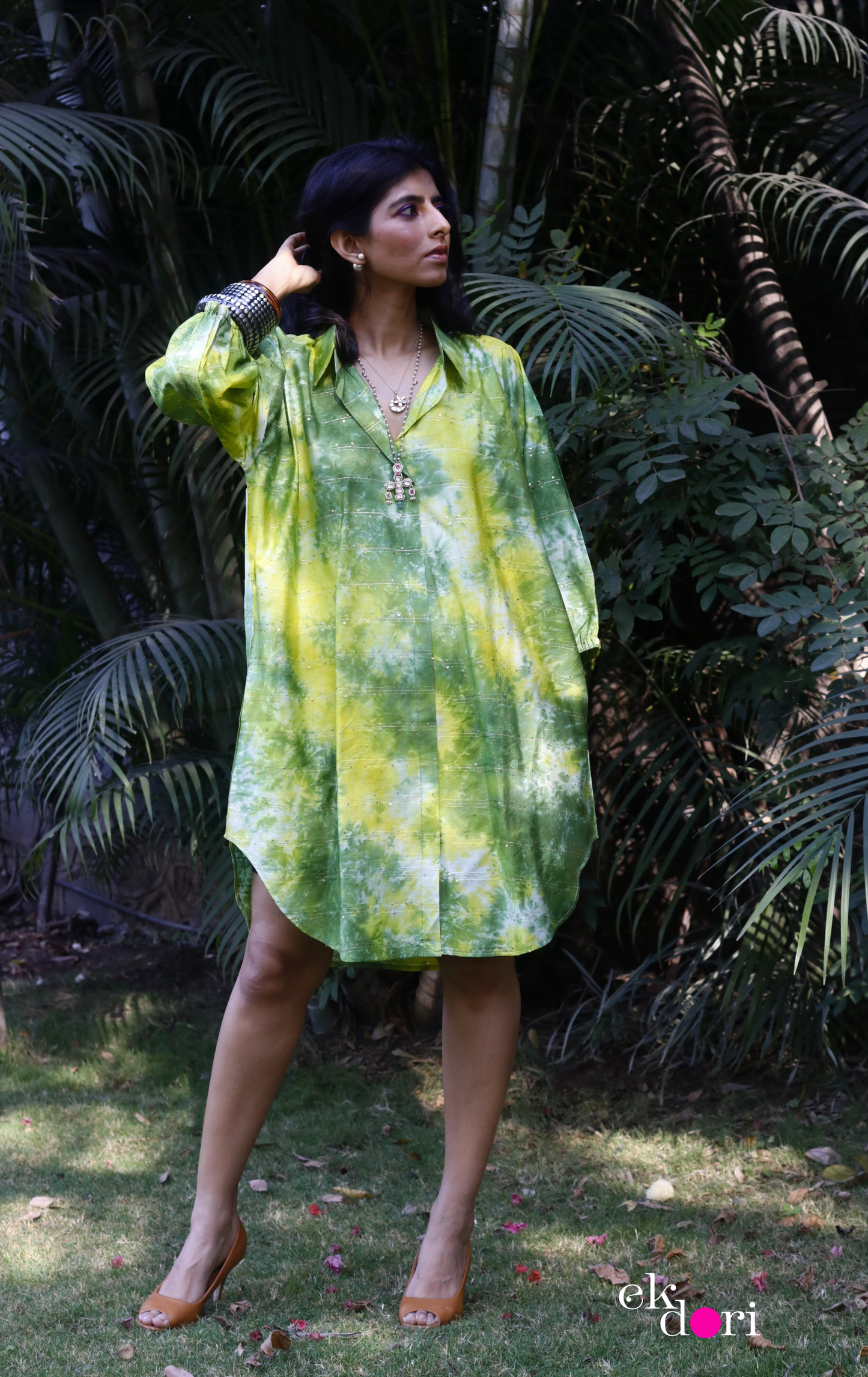 'Holy Greens' Chanderi Cotton Shirt Kurta : Fun Free Size Chanderi Cotton Kurta With Sequin Details