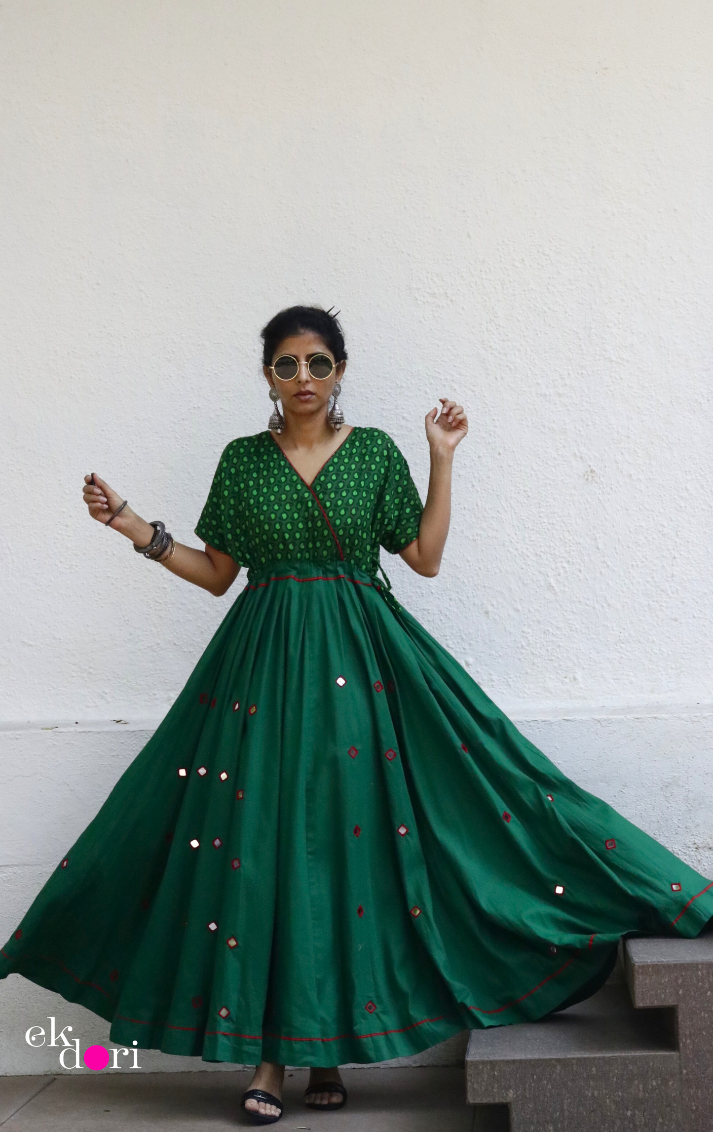 'Desi Gulaab' Mirror Work Cotton Anarkali Festive Dress : Festive Navratri Cotton Maxi Dress