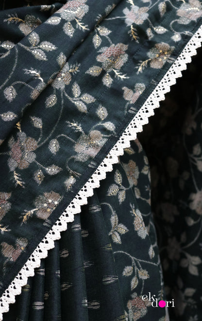 Buy Floral Soft Cotton Saree Online : 'Monsoon Greens' Soft Cotton Saree With Crochet Lace Edges.