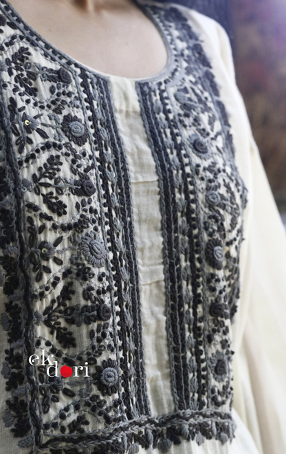 Cotton Embroidered Kurta Co-ord Set 'Grey Cloud' : Buy Bullion Embroidery Cotton Co-ord Kurts Sets For Summer
