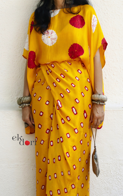 Bandhani Modal Co-ord Skirt Set 'Haldi Kumkum' : 2 Piece Skirt &amp; Bandhani Top Set