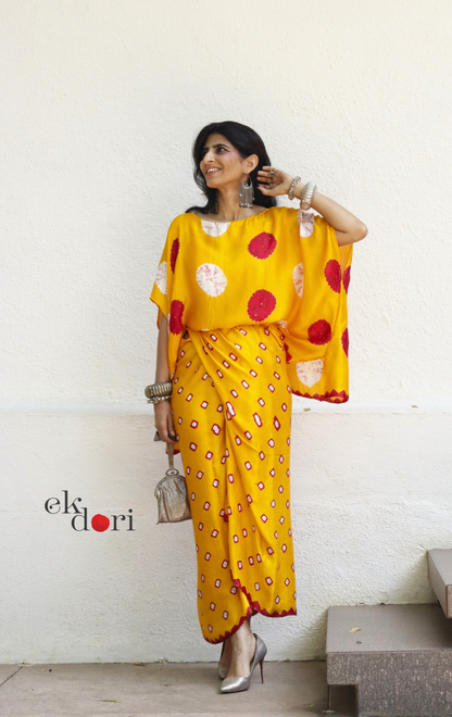 Bandhani Modal Co-ord Skirt Set 'Haldi Kumkum' : 2 Piece Skirt &amp; Bandhani Top Set