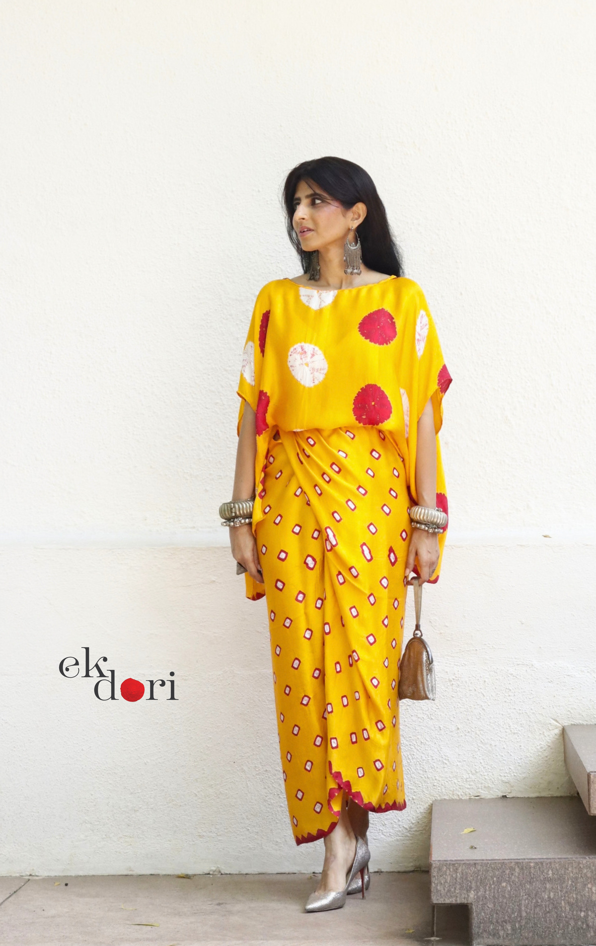 Bandhani Modal Co-ord Skirt Set 'Haldi Kumkum' : 2 Piece Skirt &amp; Bandhani Top Set