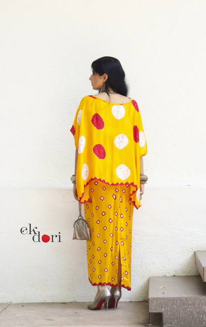 Bandhani Modal Co-ord Skirt Set 'Haldi Kumkum' : 2 Piece Skirt &amp; Bandhani Top Set